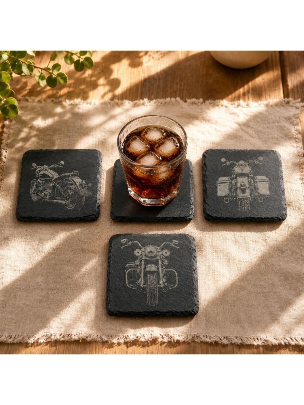 Slate Motorcycle Set of 4 Engraved Square Coasters 4x4"